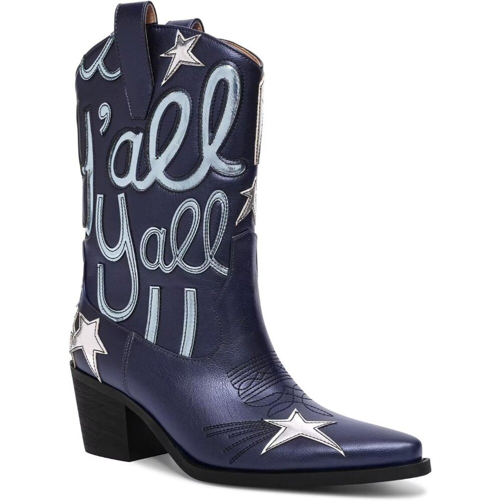 ⚡Women's Blue Embroidery Western  Cowgirl Boots Mid Calf Low Heel Pointed Toe